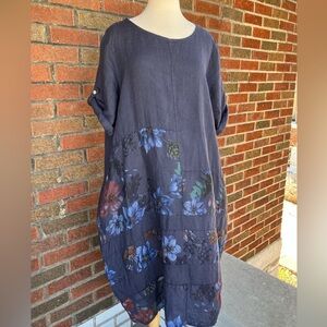 Navy Floral Linen Dress